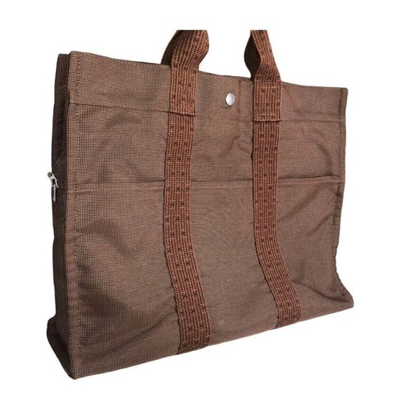 Hermes Chocolate Brown Tote Cotton Fabric Authentic France Large - Picture 2 of 7